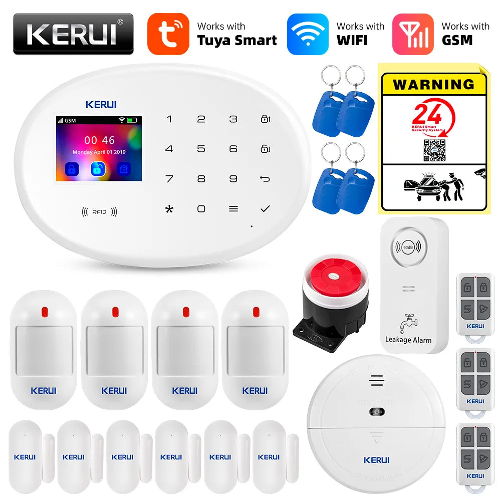 KERUI Tuya Smart WIFI GSM Alarm System Works With Alexa Home Security Wireless 433Mhz Burglar Alarm Door Window Sensor Detector