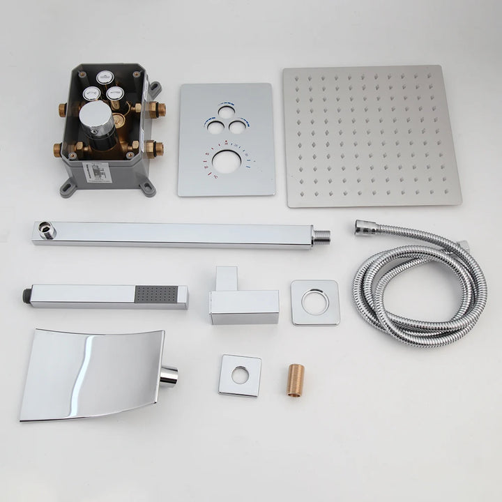 KEMAIDI Bathroom Wall Mount Thermostatic Rainfall Shower Faucet Set Chrome Concealed Shower System Waterfall Tub Spout Mixer Tap