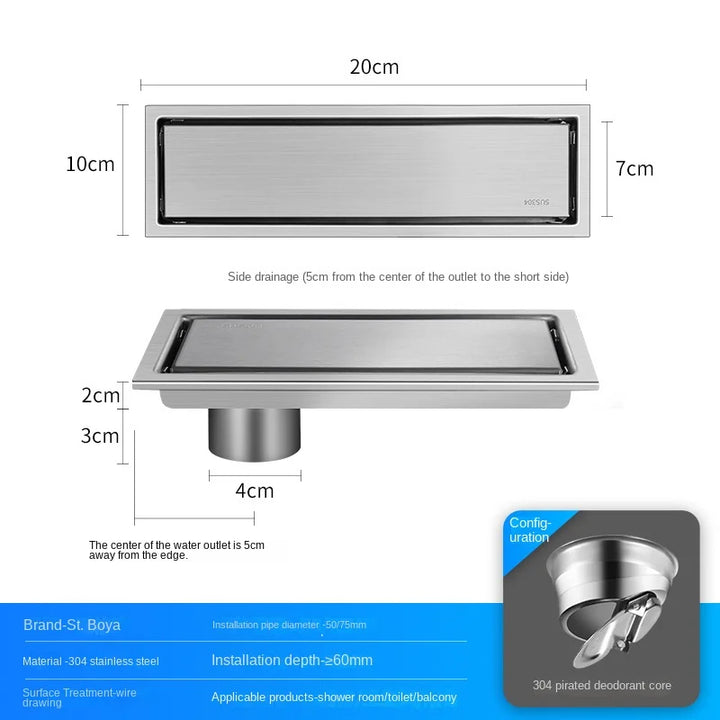 Luxury Hidden 304 Stainless Steel Rectangular Floor Drain Bathroom Toilet Drain Anti-Odor Filter Hair Extended Floor Drain
