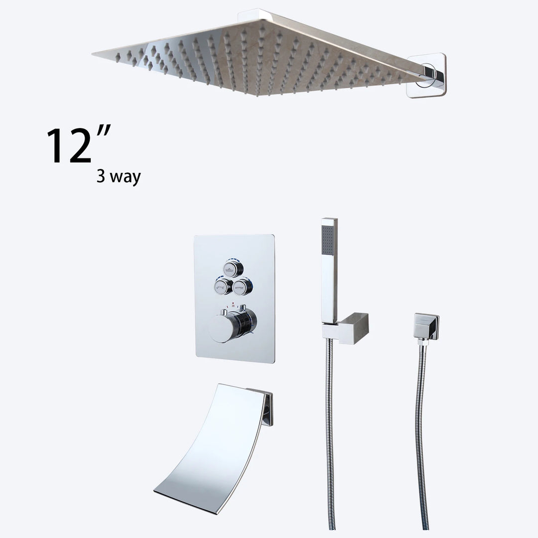 KEMAIDI Bathroom Wall Mount Thermostatic Rainfall Shower Faucet Set Chrome Concealed Shower System Waterfall Tub Spout Mixer Tap