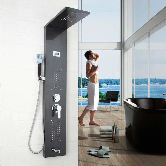 KEMAIDI Black Column  Shower Faucet Bath Shower System Temperature Digital Display LED Shower Panel Body Massage Jets 12 Choice