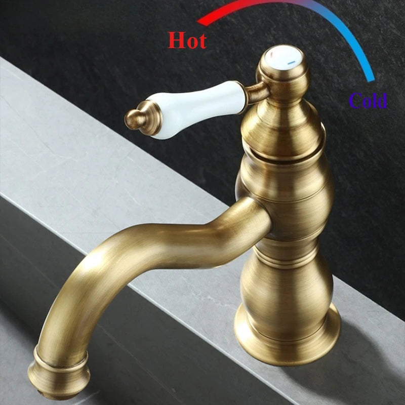 Vintage copper basin faucet French light luxury bathroom cabinet bathroom sink hot and cold water faucet can be rotated