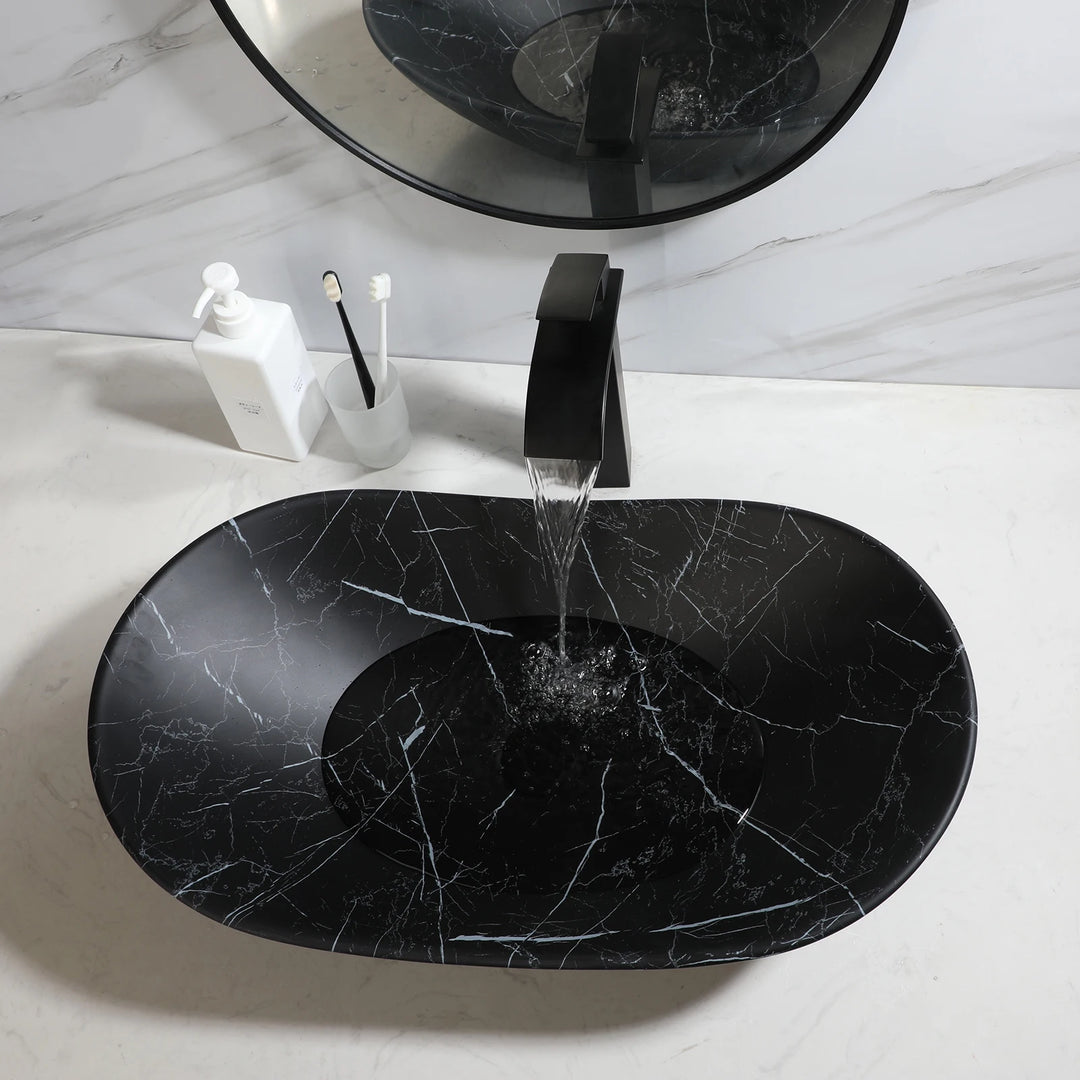 KEMAIDI Black Ceramic Vessel Sink with Faucet and Drain Combo 24 inch Oval Above Counter Bathroom Sink Bowl with Marbling Basin