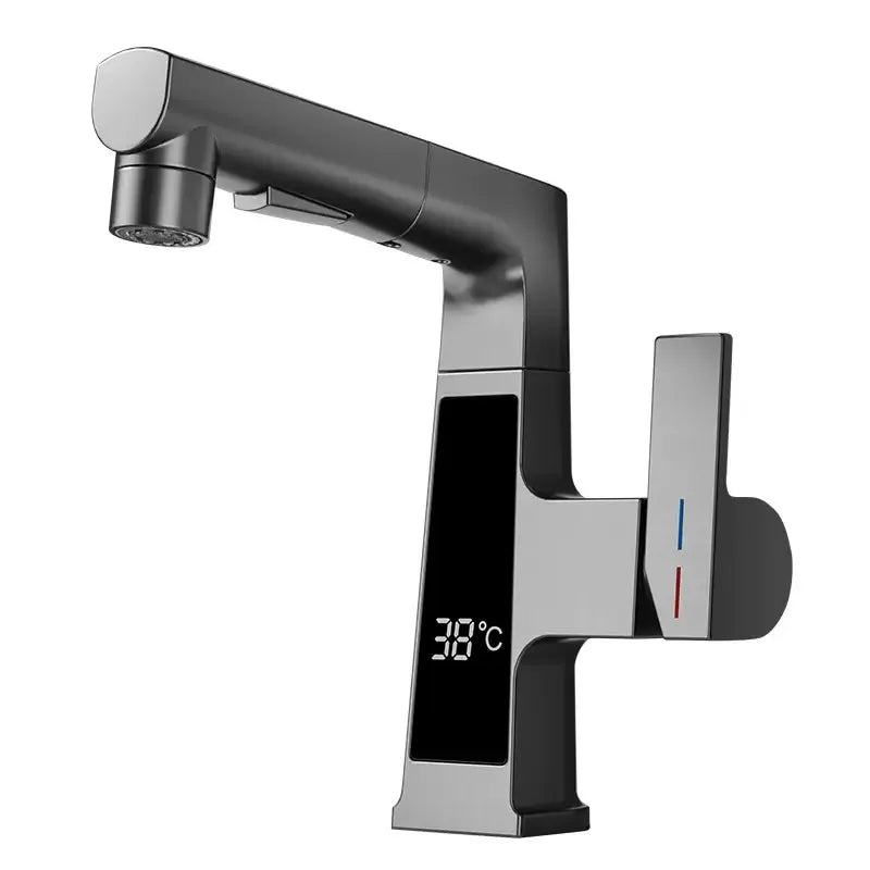 Digital Display Pulling Faucet Intelligent Temperature Sensor Brass Washbasin Taps Rotating Lifting Cold and Hot Water Mixer Tap