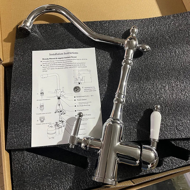 3 in 1 Kitchen Filter Faucet Pure Water 360 Rotation Kitchen sink Crane Dual Handle Dual Water Functions Mode Filter Mixer Taps