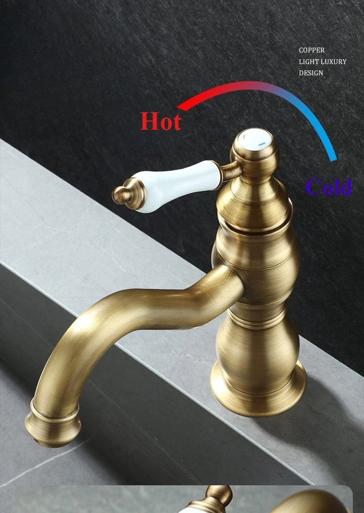 Vintage copper basin faucet French light luxury bathroom cabinet bathroom sink hot and cold water faucet can be rotated