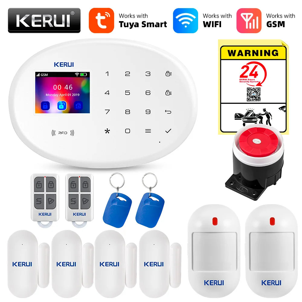 KERUI Tuya Smart WIFI GSM Alarm System Works With Alexa Home Security Wireless 433Mhz Burglar Alarm Door Window Sensor Detector