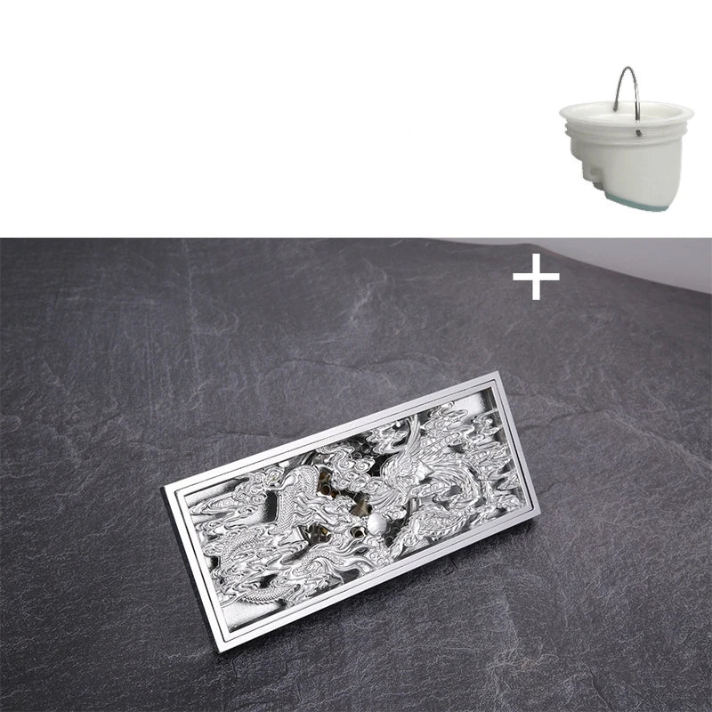 Dragon Phoenix Chinese Myth Antique Chrome Brass Linear Shower Drain 8.2x20CM Bathroom Floor Drainer Trap Waste Grate Strainer