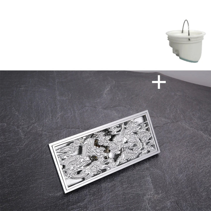 Dragon Phoenix Chinese Myth Antique Chrome Brass Linear Shower Drain 8.2x20CM Bathroom Floor Drainer Trap Waste Grate Strainer