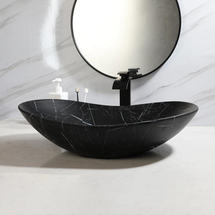 KEMAIDI Black Ceramic Vessel Sink with Faucet and Drain Combo 24 inch Oval Above Counter Bathroom Sink Bowl with Marbling Basin