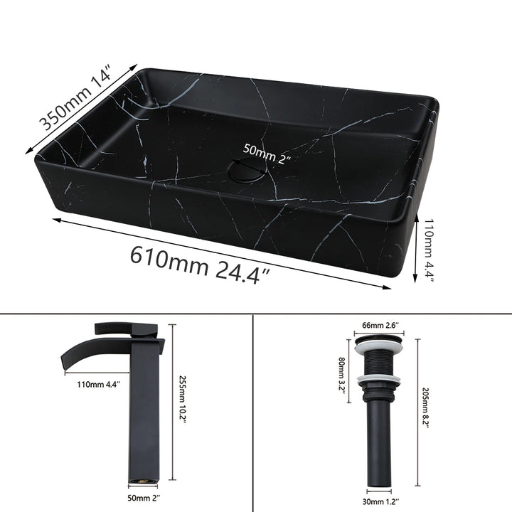 KEMAIDI Black Vanity Sink Rectangle Marble Bathroom Vessel Sink Above Counter Sinks for Bathrooms