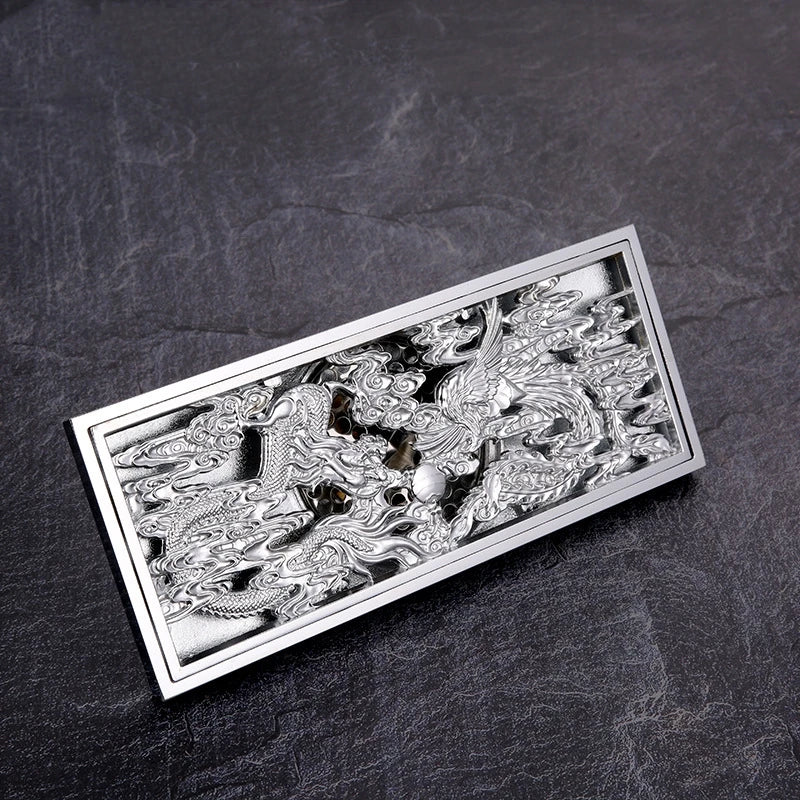 Dragon Phoenix Chinese Myth Antique Chrome Brass Linear Shower Drain 8.2x20CM Bathroom Floor Drainer Trap Waste Grate Strainer