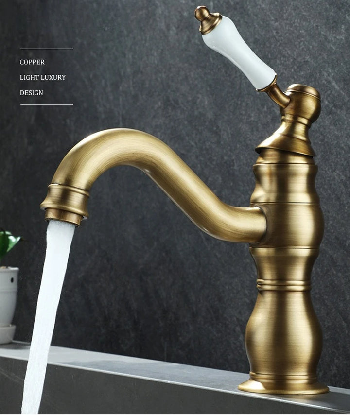 Vintage copper basin faucet French light luxury bathroom cabinet bathroom sink hot and cold water faucet can be rotated