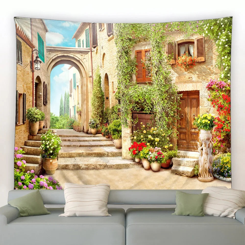 Landscape Wall Hanging Tapestry Ltaly Rural Small Town Street Architecture Retro Style Background Decor Hippie Bedroom Blanket