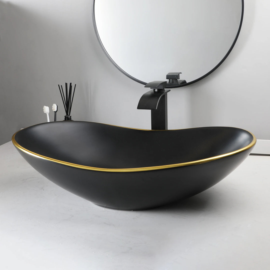 KEMAIDI Black Ceramic Vessel Sink with Faucet and Drain Combo 24 inch Oval Above Counter Bathroom Sink Bowl with Marbling Basin