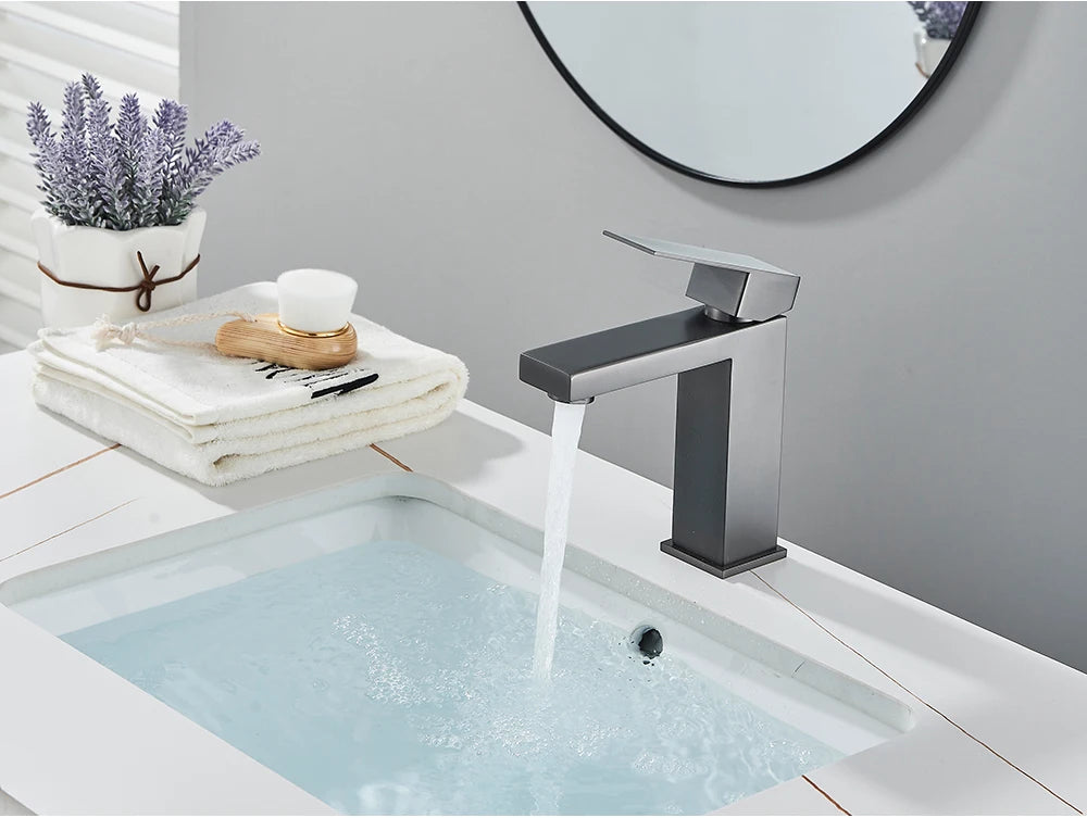 Brushed Nickel Basin Faucet Black Bathroom Faucet Deck Mounted Basin Sink Tap Mixer Hot & Cold Water Stainless Steel Faucet