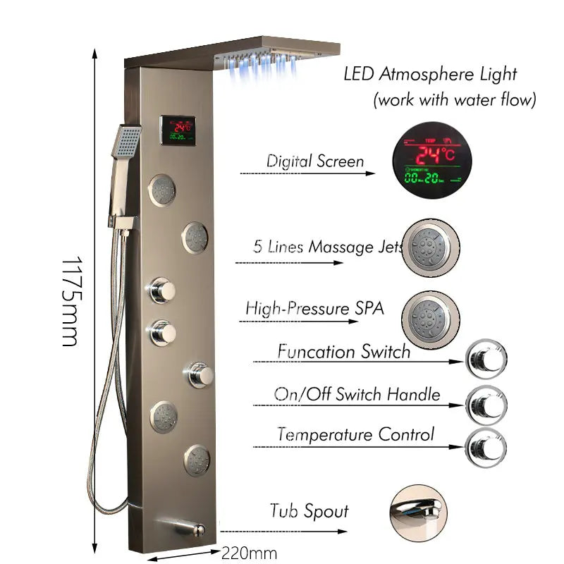 KEMAIDI Black Column  Shower Faucet Bath Shower System Temperature Digital Display LED Shower Panel Body Massage Jets 12 Choice