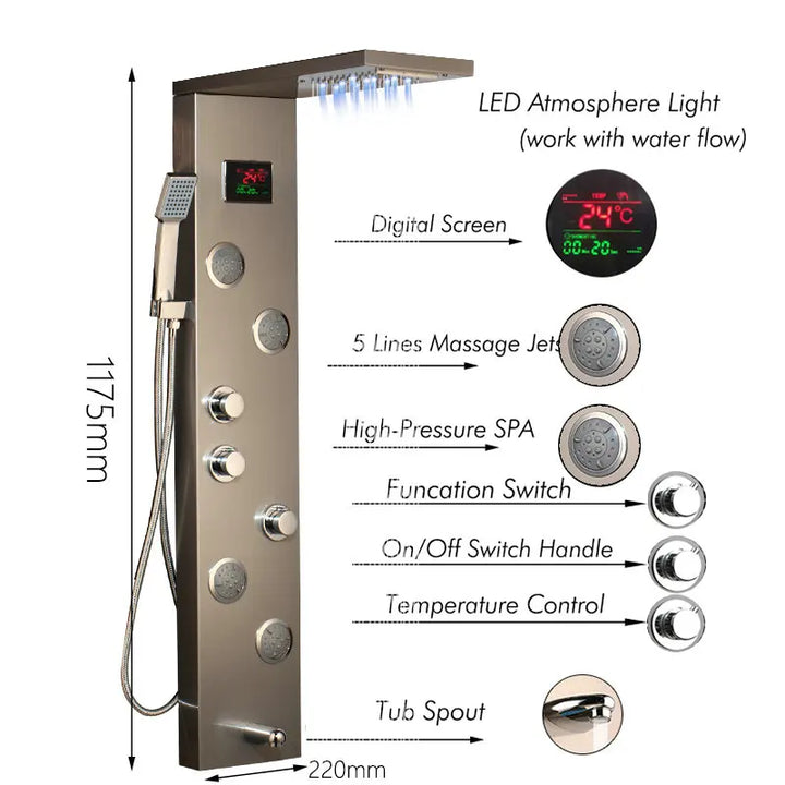 KEMAIDI Black Column  Shower Faucet Bath Shower System Temperature Digital Display LED Shower Panel Body Massage Jets 12 Choice