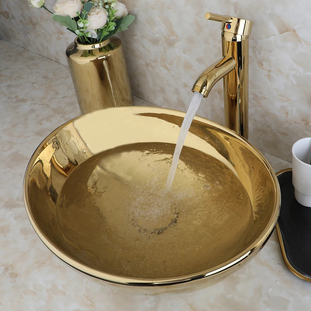 KEMAIDI Bathroom Vessel Sink 16 Inch Gold Ceramic Sink Bowl With Faucet Oval