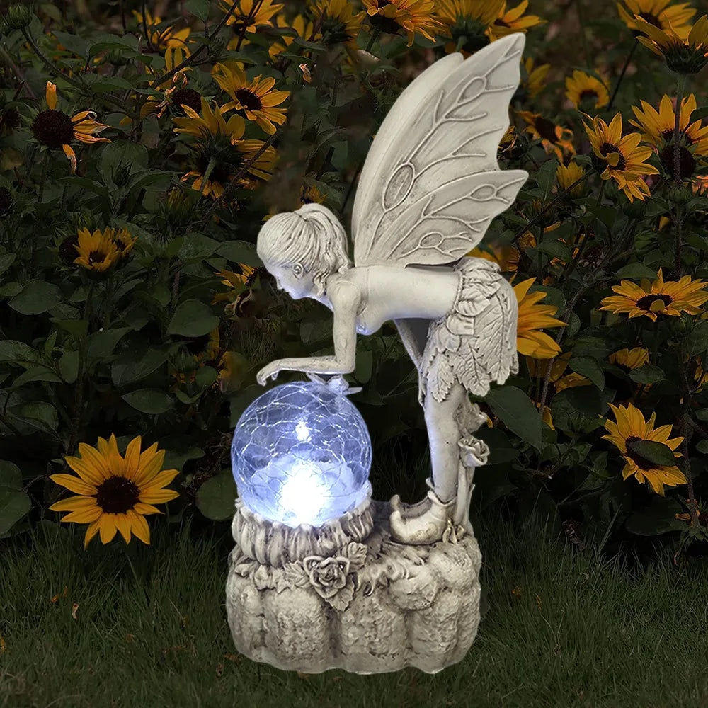 Fairy Garden Statue Solar Garden Decor Fairy Statue Outdoor with Glass Ball  Waterproof Outdoor Decor Suitable for Yard