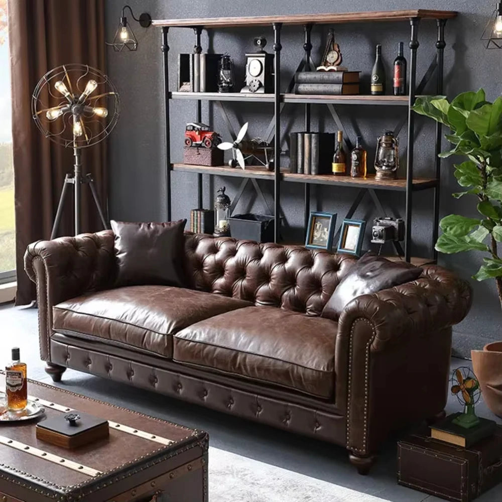 High Quality Oil Wax Leather Vintage Style Roll Arm Chesterfield Sofa