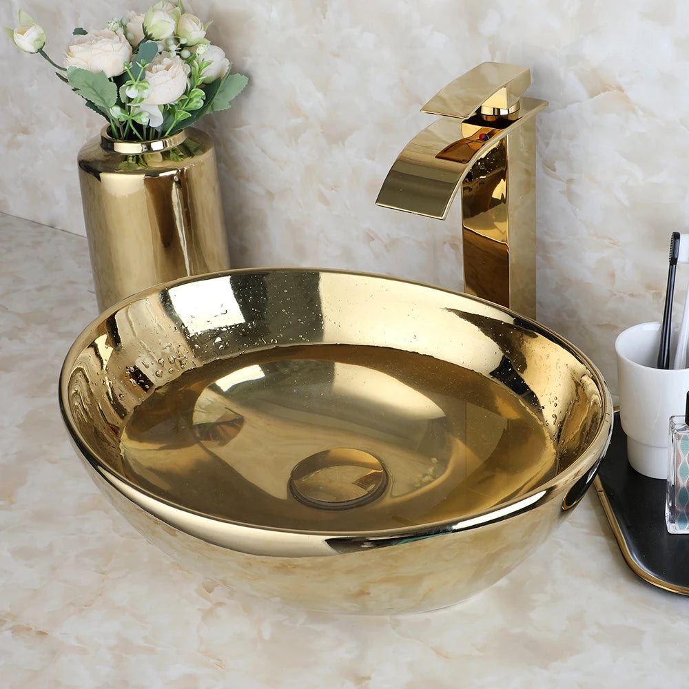 KEMAIDI Bathroom Vessel Sink 16 Inch Gold Ceramic Sink Bowl With Faucet Oval