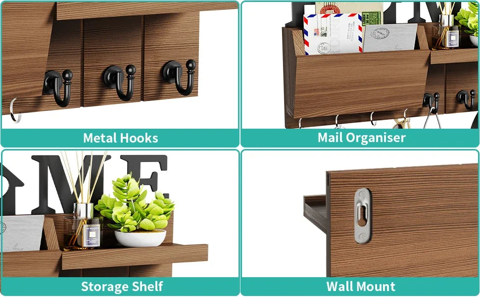 Key and Mail Holder for Wall, Wooden Key Holder and Mail Organizer for Wall Mount with 7 Hooks, Decorative Hanging Rustic Decor