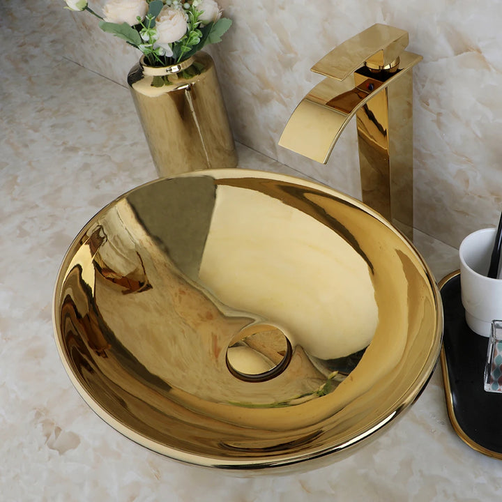 KEMAIDI Bathroom Vessel Sink 16 Inch Gold Ceramic Sink Bowl With Faucet Oval