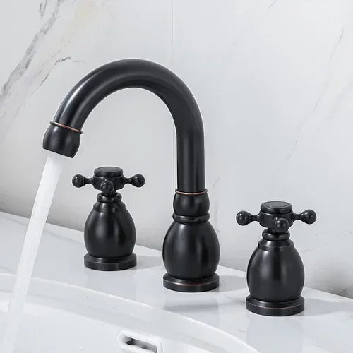 Brass Bathroom Faucet Set Dual Holder Three-hole Wash Basin Faucet Split Hot and Cold Water Sink Taps 5pc Black Tap