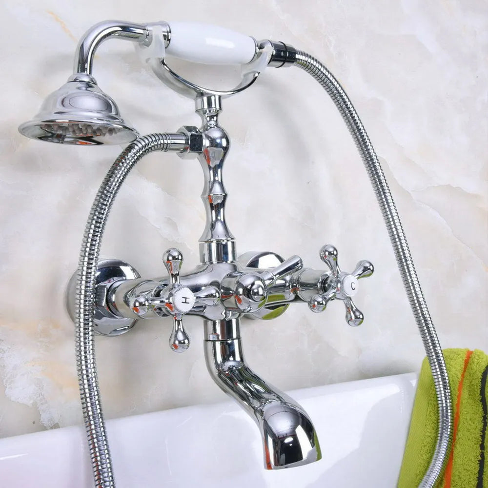 Dual Cross Handles Chrome Finish Bathroom Tub Faucet with Hand Held Shower Sprayer