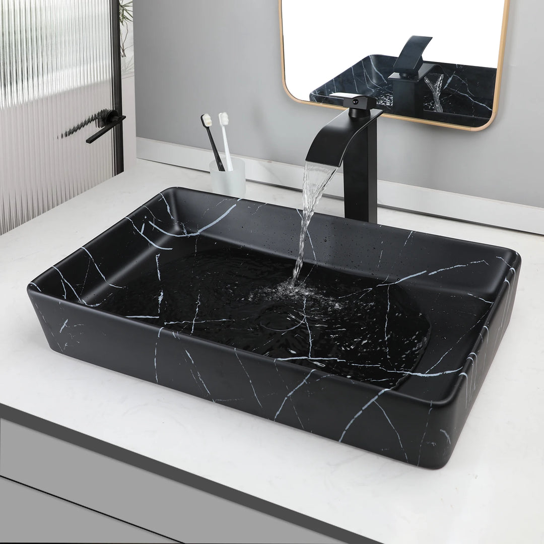 KEMAIDI Black Vanity Sink Rectangle Marble Bathroom Vessel Sink Above Counter Sinks for Bathrooms