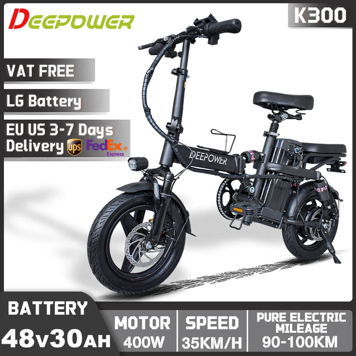 DEEPOWER K300 Electric Bike 400W 48V 30AH Adult Folding Electric Bicycle With Basket Mini Ebike for Urban Commuter Man Woman