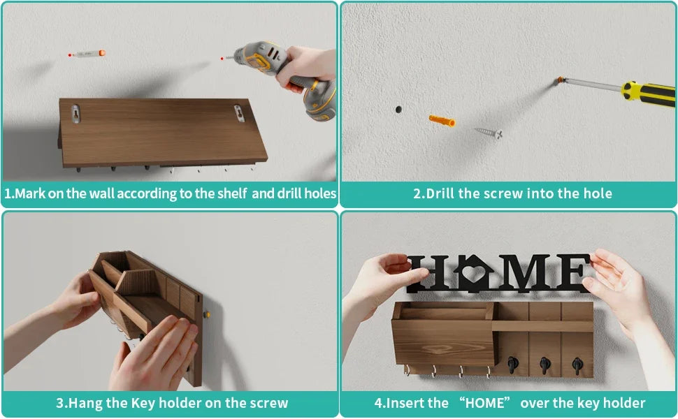 Key and Mail Holder for Wall, Wooden Key Holder and Mail Organizer for Wall Mount with 7 Hooks, Decorative Hanging Rustic Decor