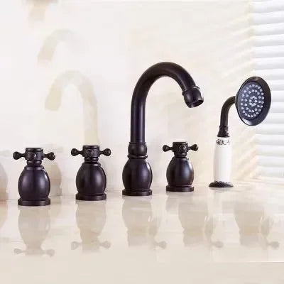 Brass Bathroom Faucet Set Dual Holder Three-hole Wash Basin Faucet Split Hot and Cold Water Sink Taps 5pc Black Tap