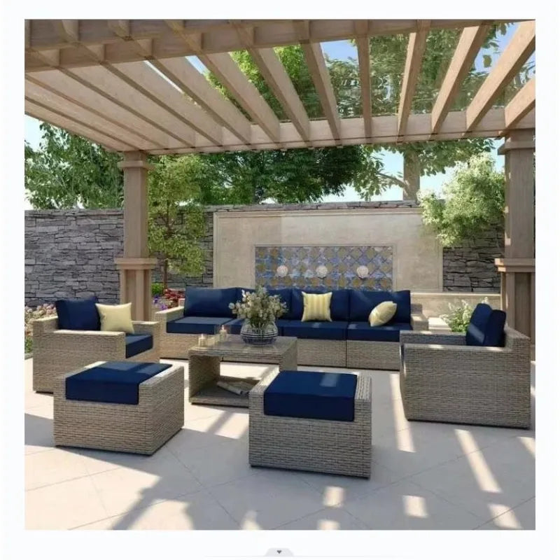 Contemporary Outdoor Garden Pe Rattan Wicker Sofa Furniture Set Of 9 Pieces