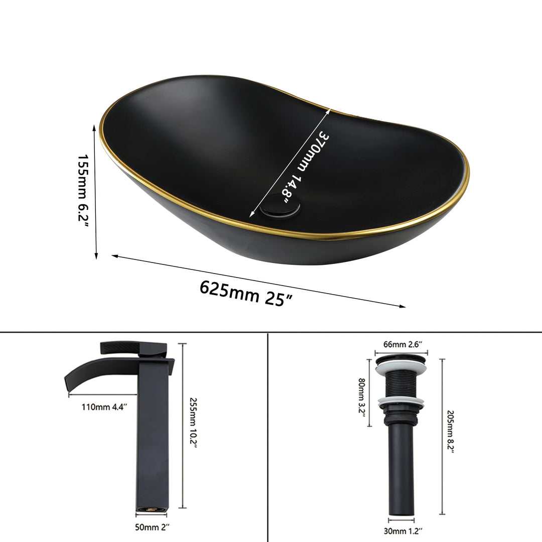 KEMAIDI Black Ceramic Vessel Sink with Faucet and Drain Combo 24 inch Oval Above Counter Bathroom Sink Bowl with Marbling Basin