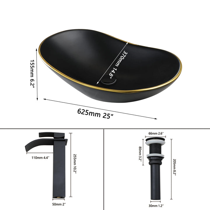 KEMAIDI Black Ceramic Vessel Sink with Faucet and Drain Combo 24 inch Oval Above Counter Bathroom Sink Bowl with Marbling Basin