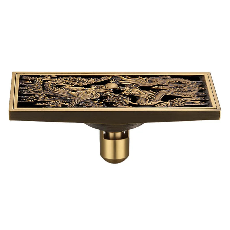 Dragon Phoenix Chinese Myth Antique Chrome Brass Linear Shower Drain 8.2x20CM Bathroom Floor Drainer Trap Waste Grate Strainer