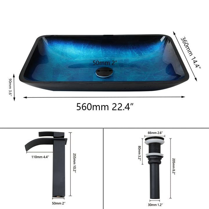 KEMAIDI Big Tempered Glass Basin Sink Washbasin Bathroom Vessel Sinks Counter Top Bowl Washroom Vessel Vanity Sink Faucet Set