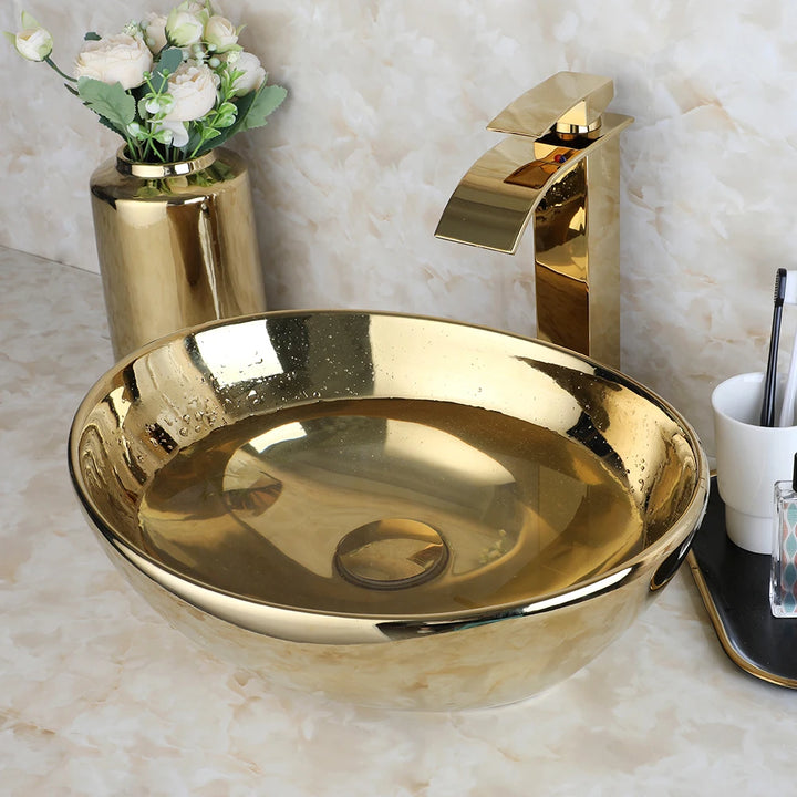 KEMAIDI Bathroom Vessel Sink 16 Inch Gold Ceramic Sink Bowl With Faucet Oval