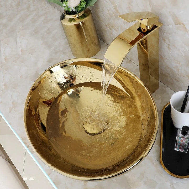 KEMAIDI Bathroom Vessel Sink 16 Inch Gold Ceramic Sink Bowl With Faucet Oval