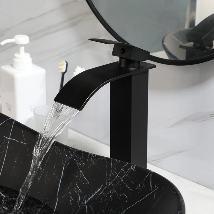 KEMAIDI Black Ceramic Vessel Sink with Faucet and Drain Combo 24 inch Oval Above Counter Bathroom Sink Bowl with Marbling Basin