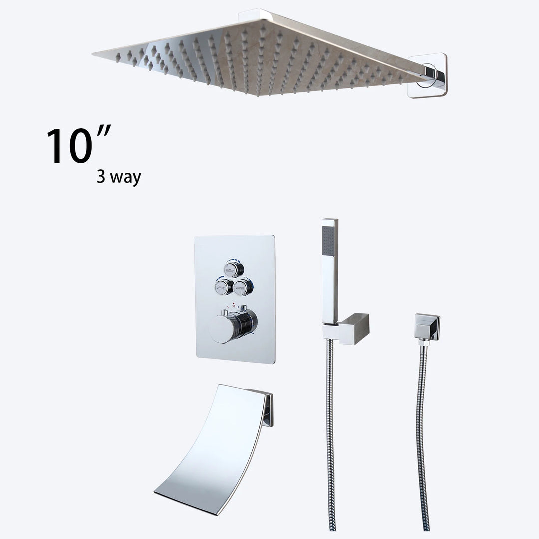 KEMAIDI Bathroom Wall Mount Thermostatic Rainfall Shower Faucet Set Chrome Concealed Shower System Waterfall Tub Spout Mixer Tap