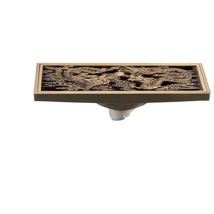 Dragon Phoenix Chinese Myth Antique Chrome Brass Linear Shower Drain 8.2x20CM Bathroom Floor Drainer Trap Waste Grate Strainer