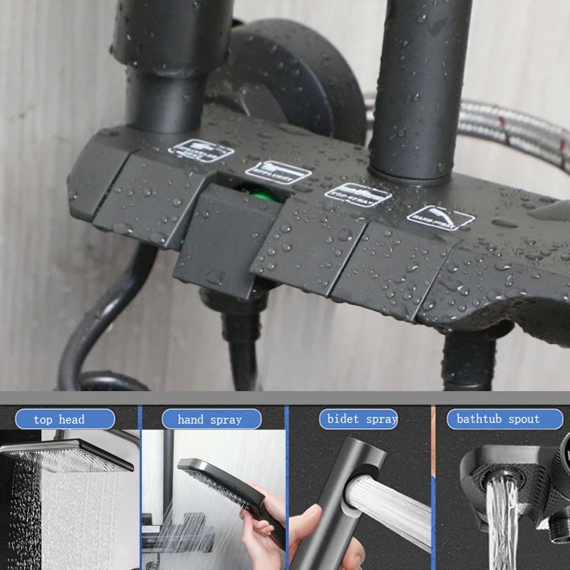 KEMAIDI Piano Key Shower Faucet Set Grey Shower System 4 Function Bathroom Rain Shower Combo Set Brass Bathtub Faucets Mixer