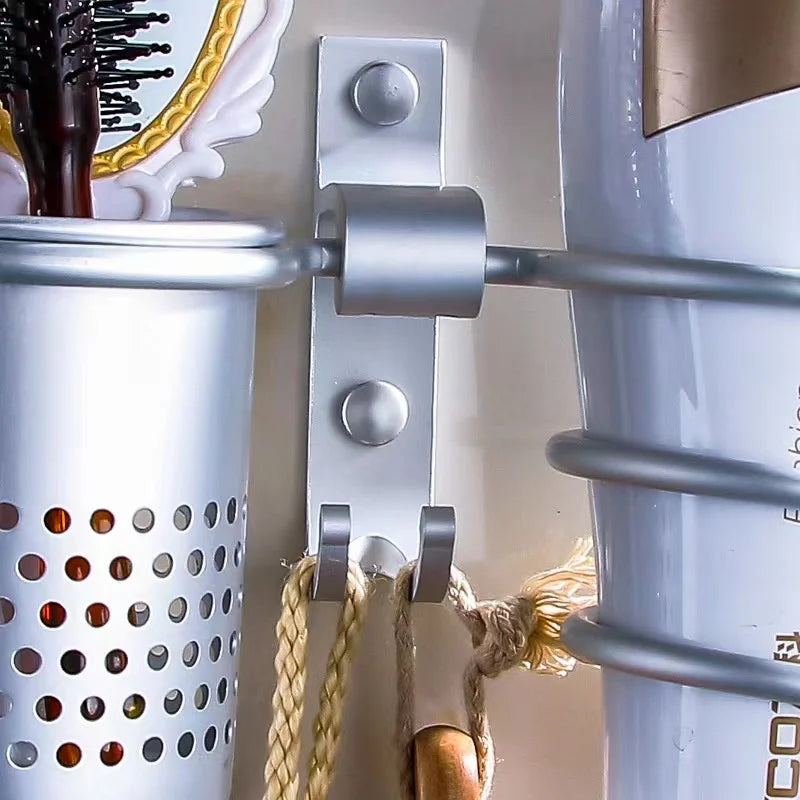 Hair Dryer Rack Silver/Gold Space Aluminum Bathroom Hair Dryer Shelf Wall Mounted Hair Dryer Holder Storage Rack Hooks With Cup