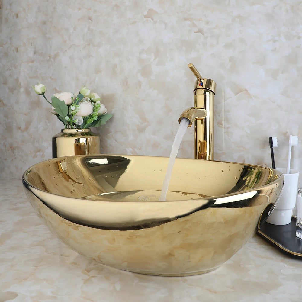 KEMAIDI Bathroom Vessel Sink 16 Inch Gold Ceramic Sink Bowl With Faucet Oval
