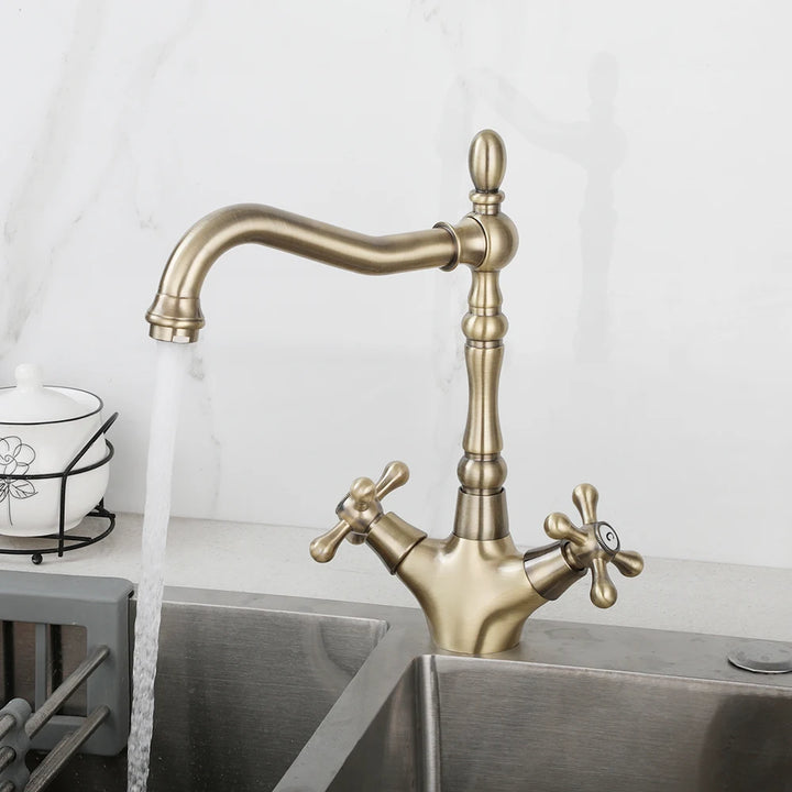 ZAPPO Kitchen Sink Faucet Polish Chrome Double Cross Handle Mixer 360° Swivel Spout Kitchen Faucets Tap Hot and Cold Water Taps