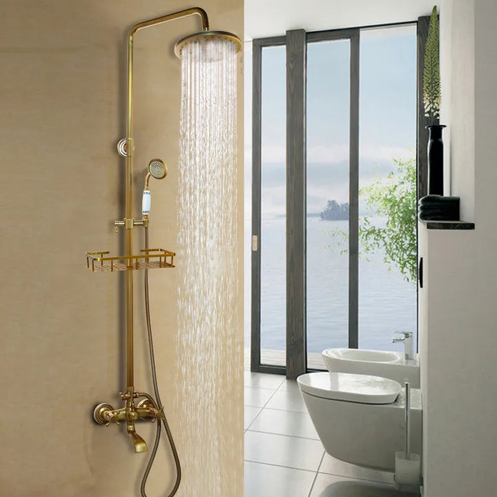 KEMAIDI Antique Brass Shower Faucets Set Rainfall Shower Head with Shelf Mixer  Swivel Spout