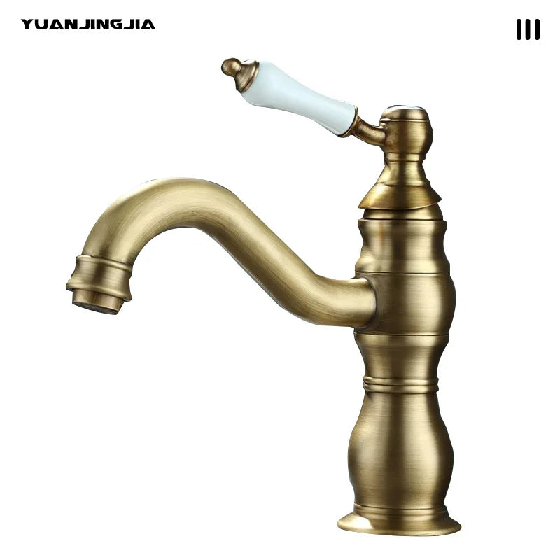 Vintage copper basin faucet French light luxury bathroom cabinet bathroom sink hot and cold water faucet can be rotated